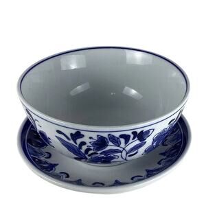 Chinese Antique Floral Blue and White Porcelain Bowl & Saucer